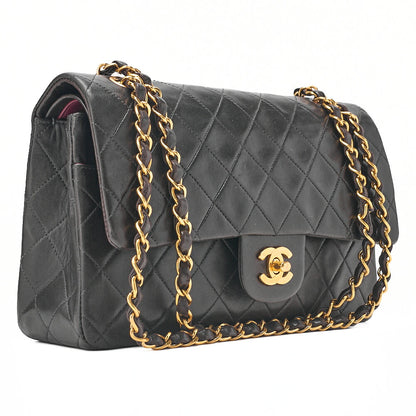 CHANEL Lambskin Matelasse 25cm Double Flap Chain Shoulder Black Gold -Tone Hardware, Pre-Owned