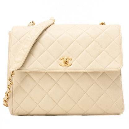 CHANEL Caviar Skin Matelasse Single Square Type Chain Shoulder Beige Gold-Tone Hardware, Pre-Owned