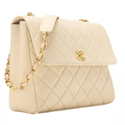 CHANEL Caviar Skin Matelasse Single Square Type Chain Shoulder Beige Gold-Tone Hardware, Pre-Owned