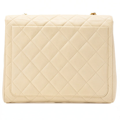 CHANEL Caviar Skin Matelasse Single Square Type Chain Shoulder Beige Gold-Tone Hardware, Pre-Owned