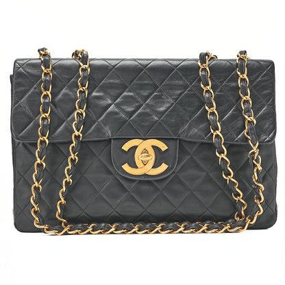 CHANEL Chain Shoulder Bag Deka Matelasse 34cm Single Flap Lambskin Black Gold-Tone Hardware, Pre-Owned