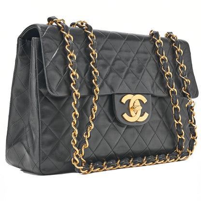 CHANEL Chain Shoulder Bag Deka Matelasse 34cm Single Flap Lambskin Black Gold-Tone Hardware, Pre-Owned