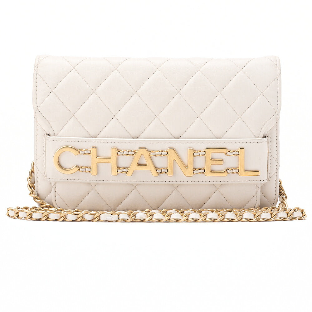 CHANEL Chain Wallet Matelasse Logo Mark Lambskin White Gold-Tone Hardware, Pre-Owned