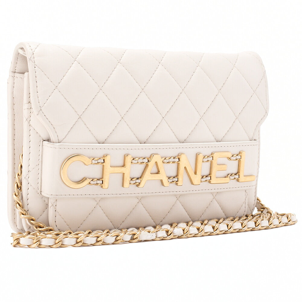 CHANEL Chain Wallet Matelasse Logo Mark Lambskin White Gold-Tone Hardware, Pre-Owned