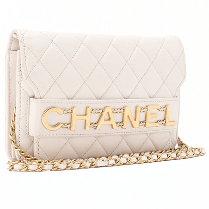 CHANEL Chain Wallet Matelasse Logo Mark Lambskin White Gold-Tone Hardware, Pre-Owned