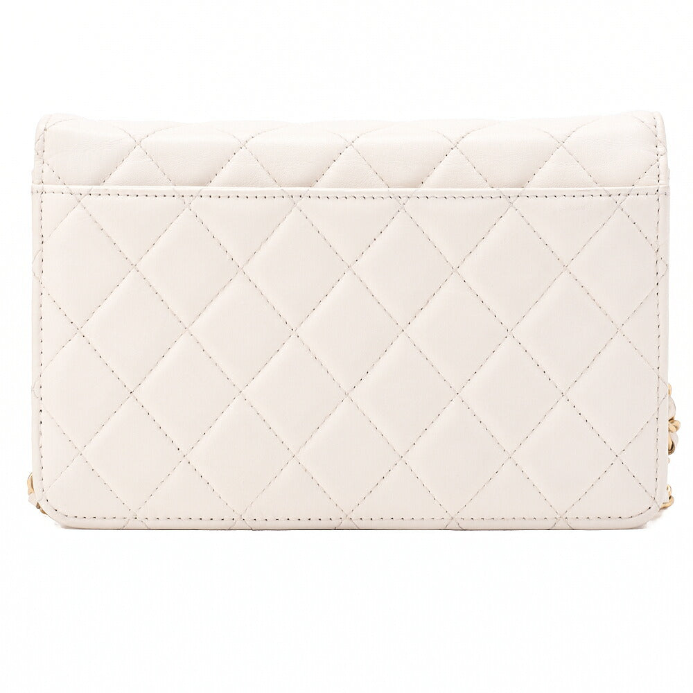 CHANEL Chain Wallet Matelasse Logo Mark Lambskin White Gold-Tone Hardware, Pre-Owned