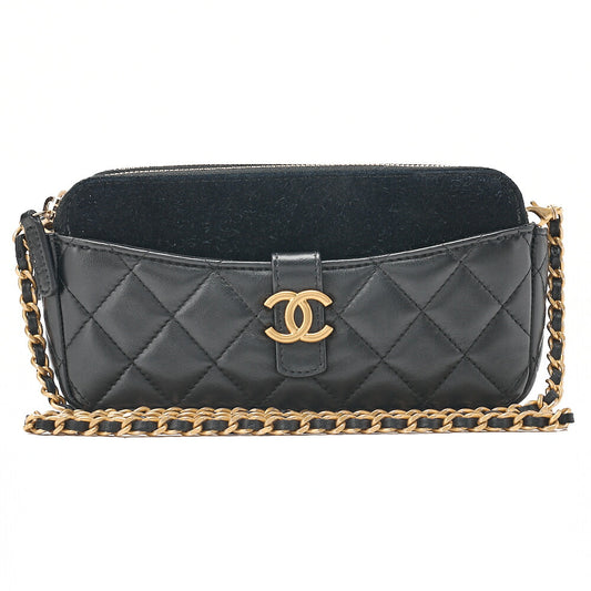 CHANEL Chain Wallet Coco Mark Matelasse Suede X Lambskin Black Gold-Tone Hardware, Pre-Owned