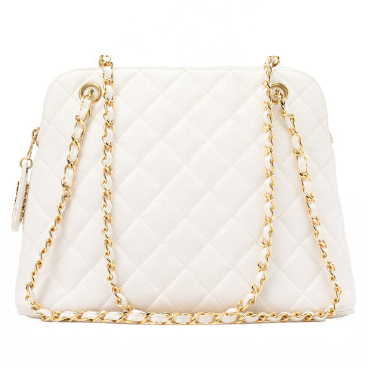 CHANEL Matelasse Plate Charm Trapezoidal Chain Shoulder Caviar Skin White Gold-Tone Hardware, Pre-Owned