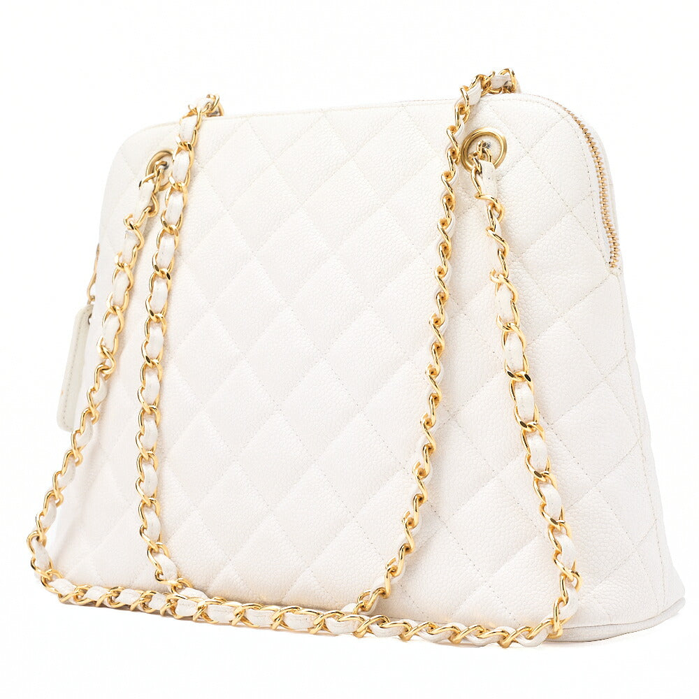 CHANEL Matelasse Plate Charm Trapezoidal Chain Shoulder Caviar Skin White Gold-Tone Hardware, Pre-Owned