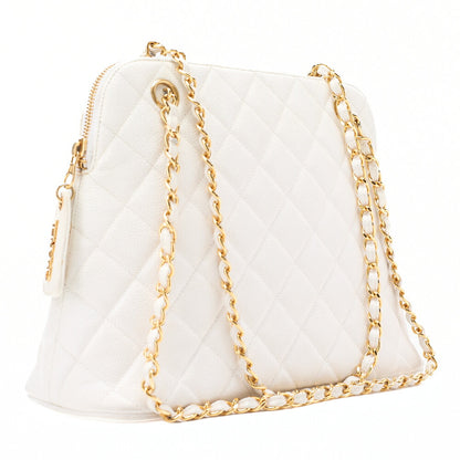 CHANEL Matelasse Plate Charm Trapezoidal Chain Shoulder Caviar Skin White Gold-Tone Hardware, Pre-Owned