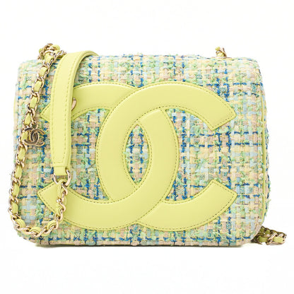 CHANEL Tweed X Leather Coco Mark Full Flap Chain Shoulder Light Green Gold-Tone Hardware, Pre-Owned