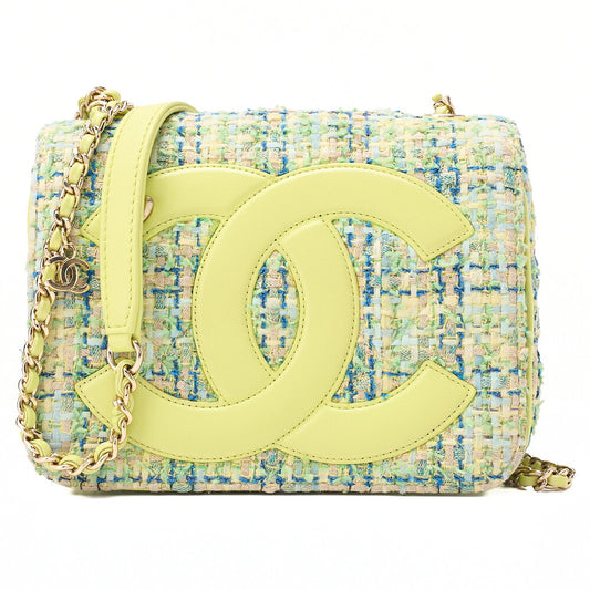 CHANEL Tweed X Leather Coco Mark Full Flap Chain Shoulder Light Green Gold-Tone Hardware, Pre-Owned