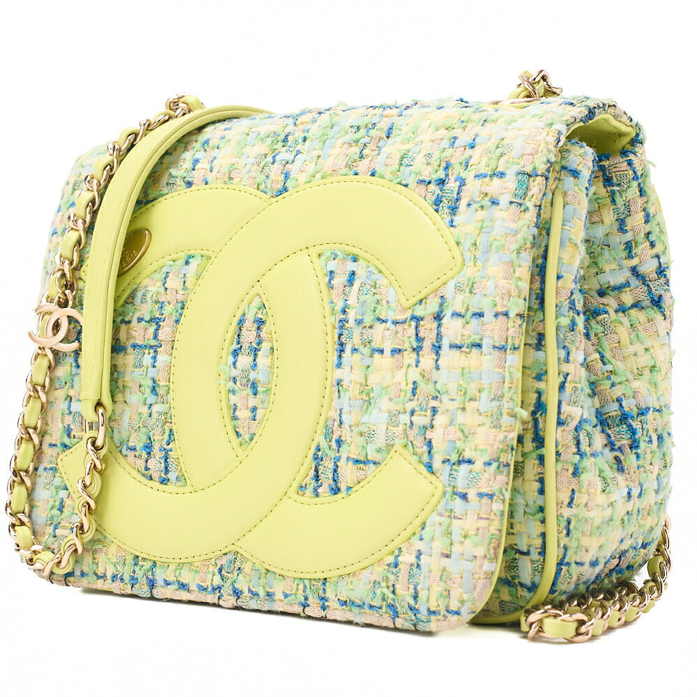 CHANEL Tweed X Leather Coco Mark Full Flap Chain Shoulder Light Green Gold-Tone Hardware, Pre-Owned