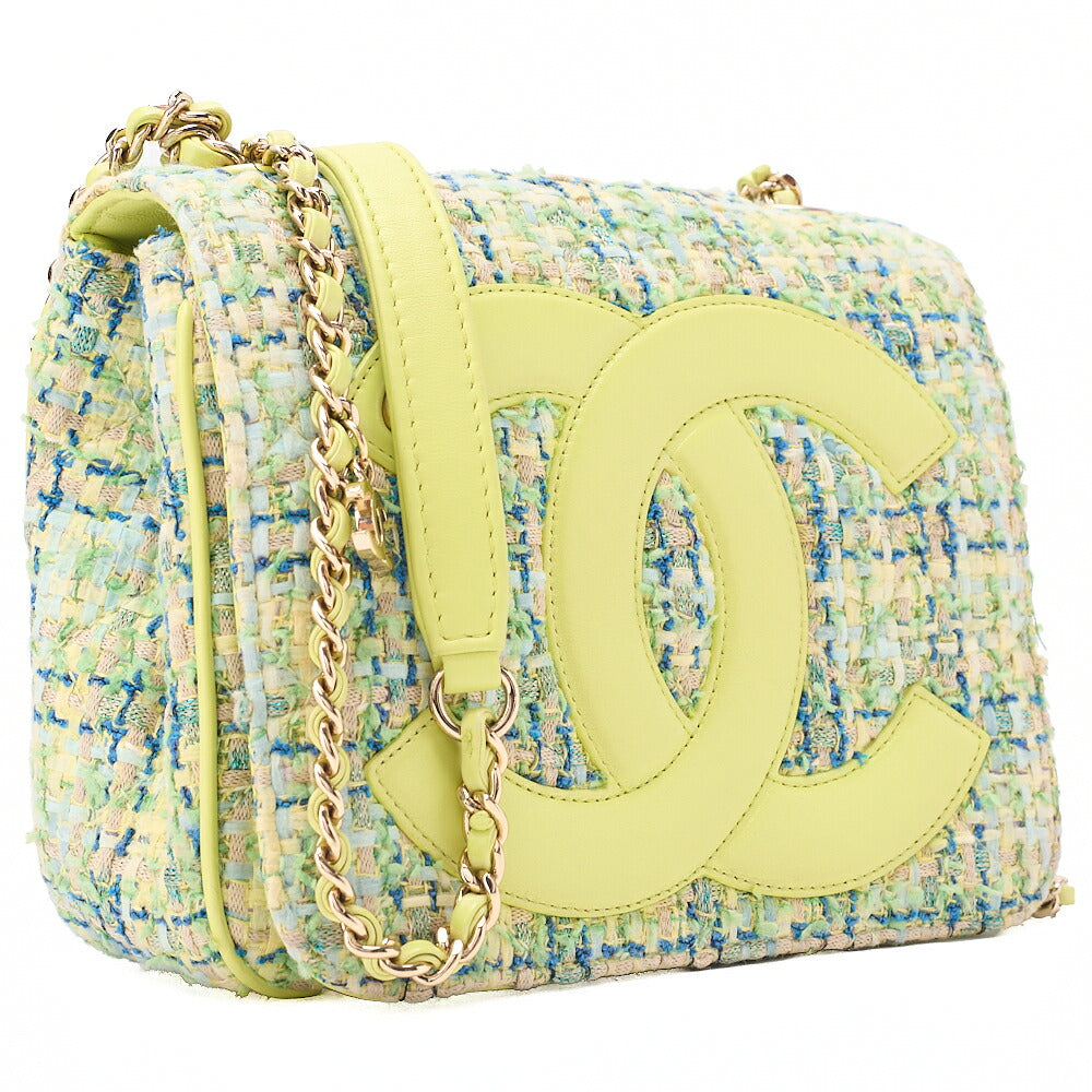 CHANEL Tweed X Leather Coco Mark Full Flap Chain Shoulder Light Green Gold-Tone Hardware, Pre-Owned