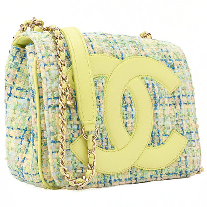 CHANEL Tweed X Leather Coco Mark Full Flap Chain Shoulder Light Green Gold-Tone Hardware, Pre-Owned