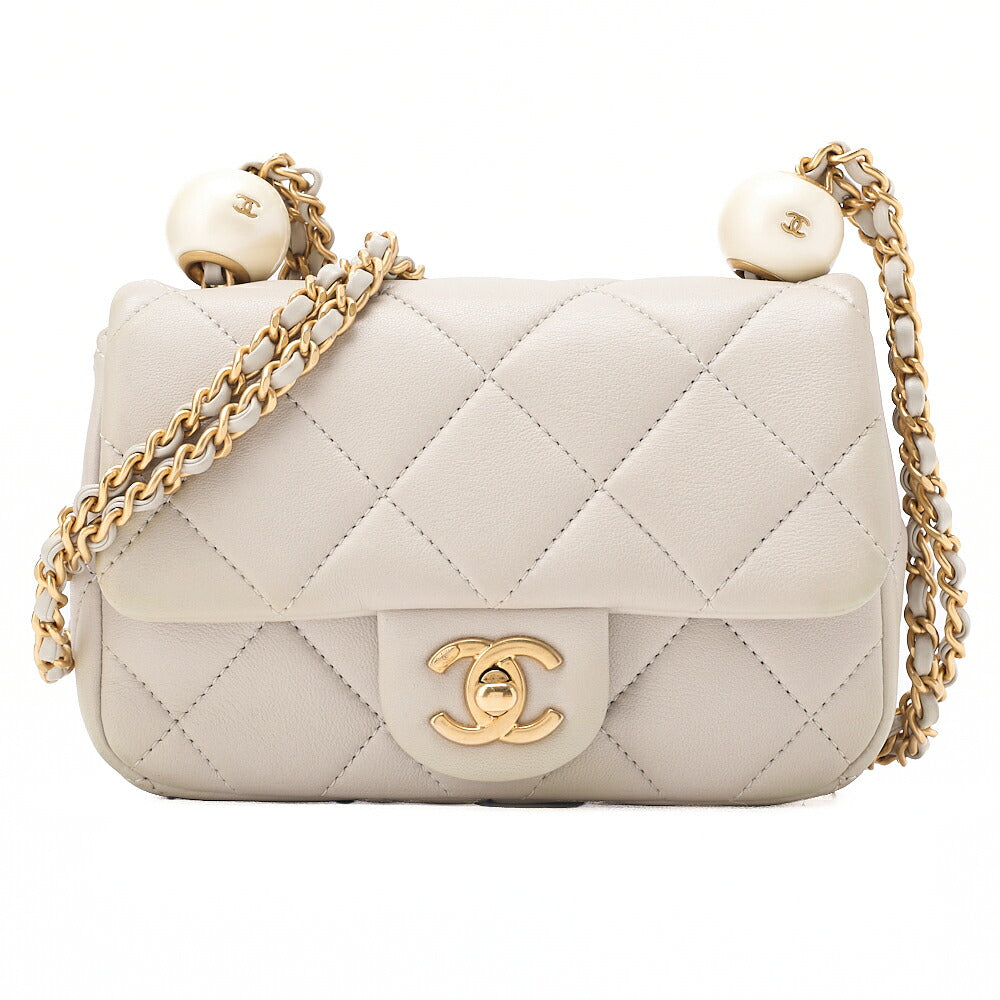 CHANEL Lambskin Mini Matelasse Ball Chain Shoulder Gray Gold-Tone Hardware, Pre-Owned