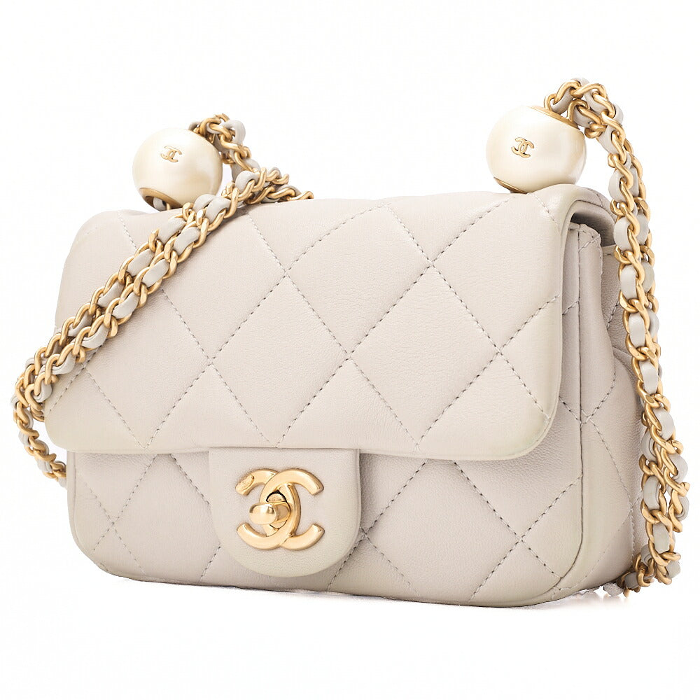 CHANEL Lambskin Mini Matelasse Ball Chain Shoulder Gray Gold-Tone Hardware, Pre-Owned