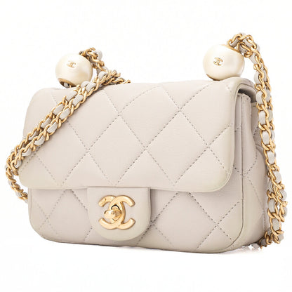 CHANEL Lambskin Mini Matelasse Ball Chain Shoulder Gray Gold-Tone Hardware, Pre-Owned