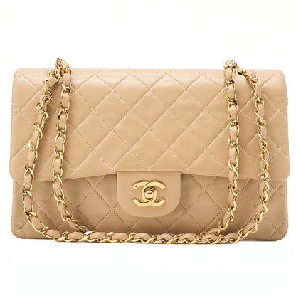 CHANEL Lambskin Matelasse Double Flap 25cm Chain Shoulder Beige Gold-Tone Hardware, Pre-Owned