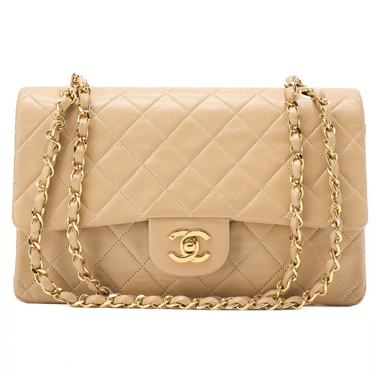 CHANEL Lambskin Matelasse Double Flap 25cm Chain Shoulder Beige Gold-Tone Hardware, Pre-Owned