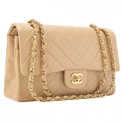 CHANEL Lambskin Matelasse Double Flap 25cm Chain Shoulder Beige Gold-Tone Hardware, Pre-Owned