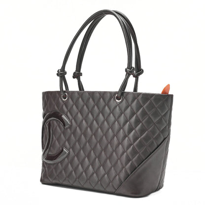 CHANEL Cambonline Matelasse Tote Bag Calf Leather x Enamel Brown Silver-Tone Hardware, Pre-Owned