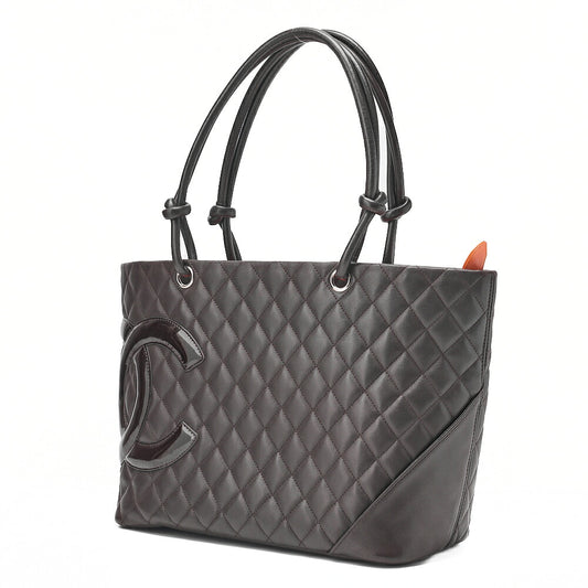 CHANEL Cambonline Matelasse Tote Bag Calf Leather x Enamel Brown Silver-Tone Hardware, Pre-Owned