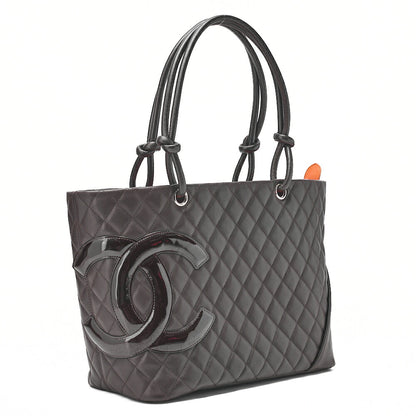 CHANEL Cambonline Matelasse Tote Bag Calf Leather x Enamel Brown Silver-Tone Hardware, Pre-Owned