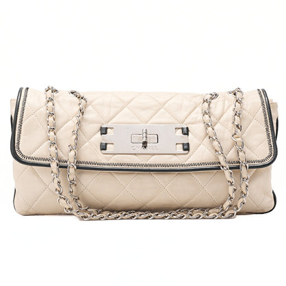 CHANEL Lambskin East Waist 2.55 Lock Chain Shoulder Bag White Silver-Tone Hardware, Pre-Owned