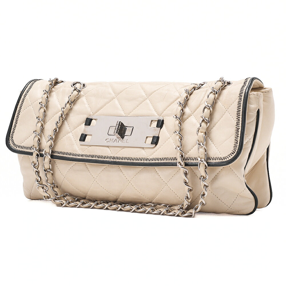 CHANEL Lambskin East Waist 2.55 Lock Chain Shoulder Bag White Silver-Tone Hardware, Pre-Owned