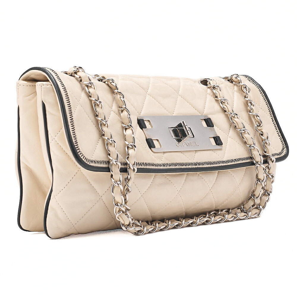 CHANEL Lambskin East Waist 2.55 Lock Chain Shoulder Bag White Silver-Tone Hardware, Pre-Owned