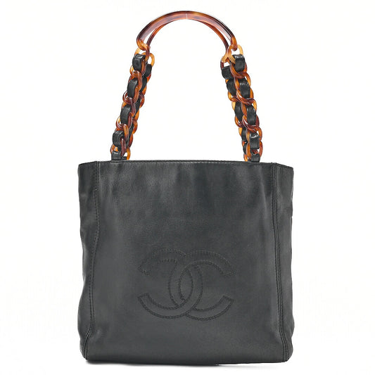 CHANEL Chain Tote Bag Lambskin Coco Mark Tortoiseshell Pattern Plastic Chain Shoulder Black Gold-Tone Hardware, Pre-Owned