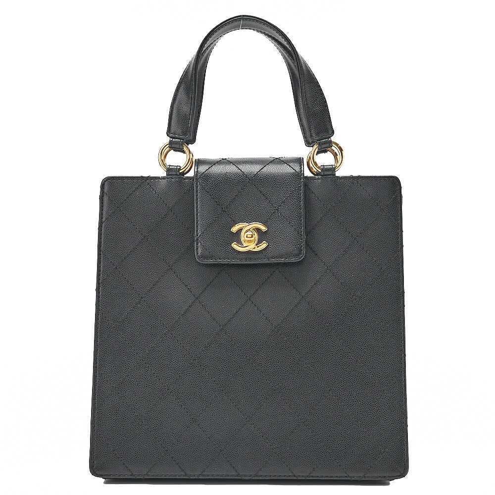 CHANEL Caviar Skin Matelasse Turn Lock Handbag Black Gold-Tone Hardware, Pre-Owned