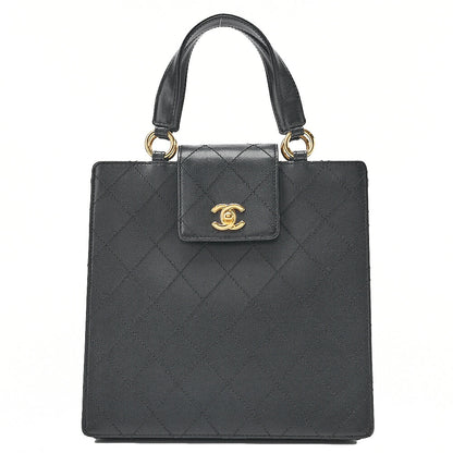 CHANEL Caviar Skin Matelasse Turn Lock Handbag Black Gold-Tone Hardware, Pre-Owned