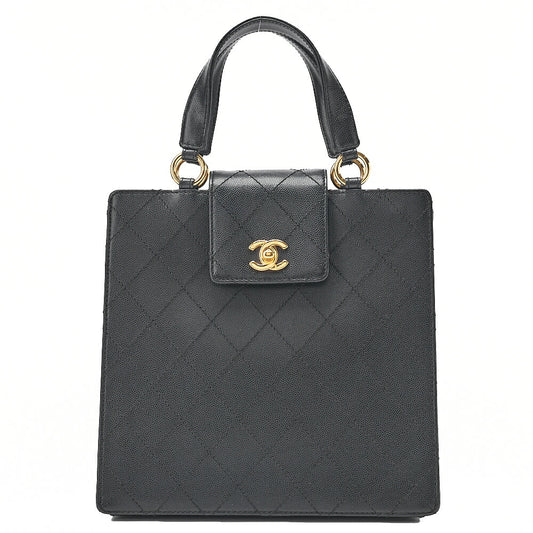 CHANEL Caviar Skin Matelasse Turn Lock Handbag Black Gold-Tone Hardware, Pre-Owned
