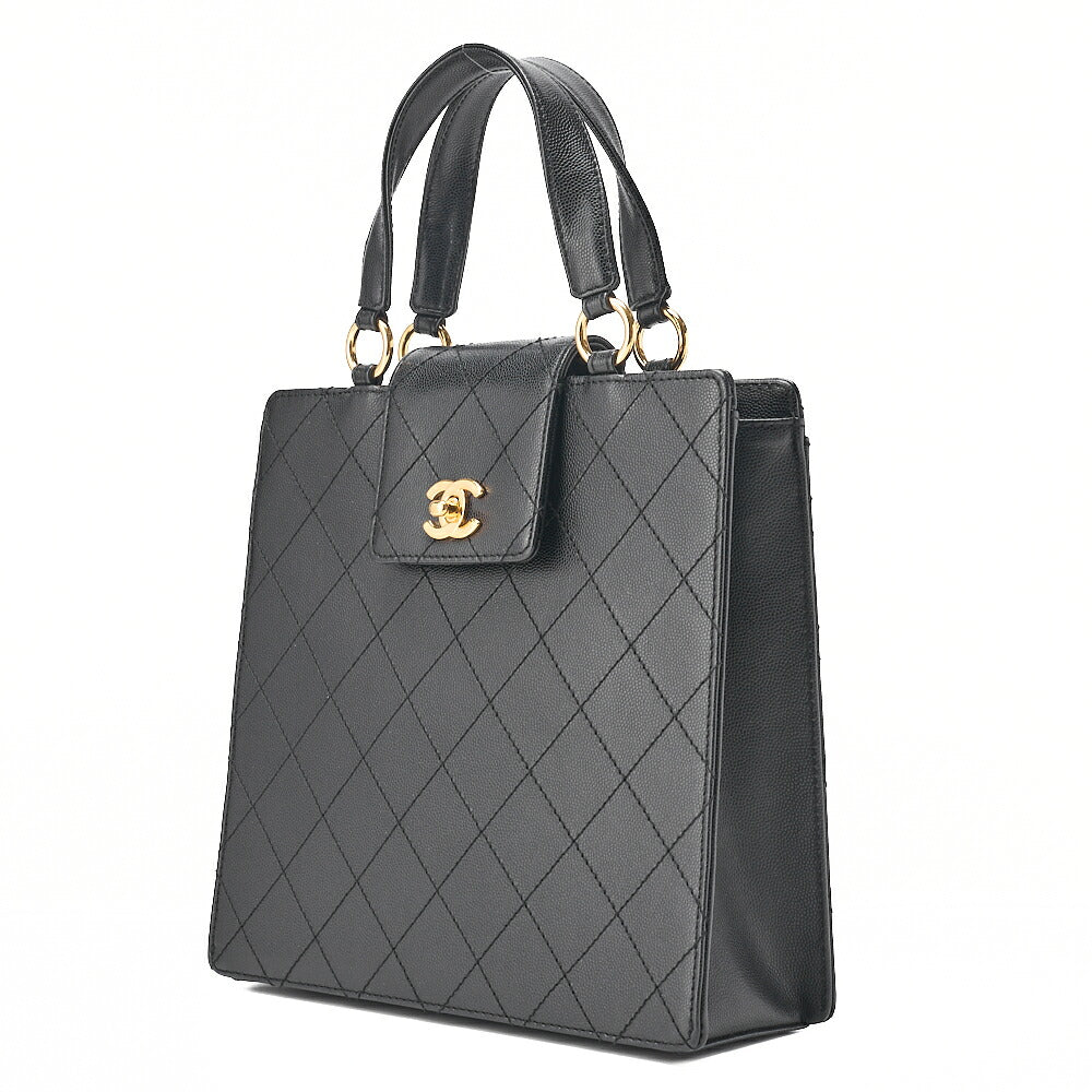 CHANEL Caviar Skin Matelasse Turn Lock Handbag Black Gold-Tone Hardware, Pre-Owned