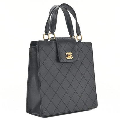 CHANEL Caviar Skin Matelasse Turn Lock Handbag Black Gold-Tone Hardware, Pre-Owned