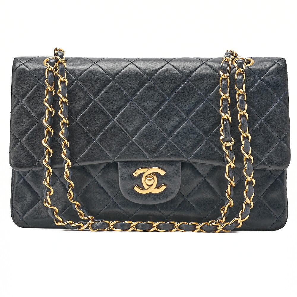 CHANEL Lambskin Matelasse Double Flap 25cm Chain Shoulder Dark Navy Gold-Tone Hardware, Pre-Owned
