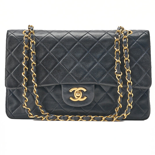 CHANEL Lambskin Matelasse Double Flap 25cm Chain Shoulder Dark Navy Gold-Tone Hardware, Pre-Owned