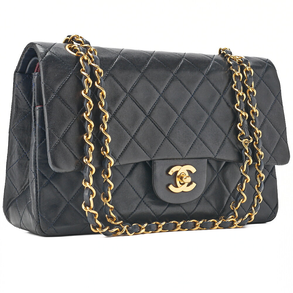 CHANEL Lambskin Matelasse Double Flap 25cm Chain Shoulder Dark Navy Gold-Tone Hardware, Pre-Owned