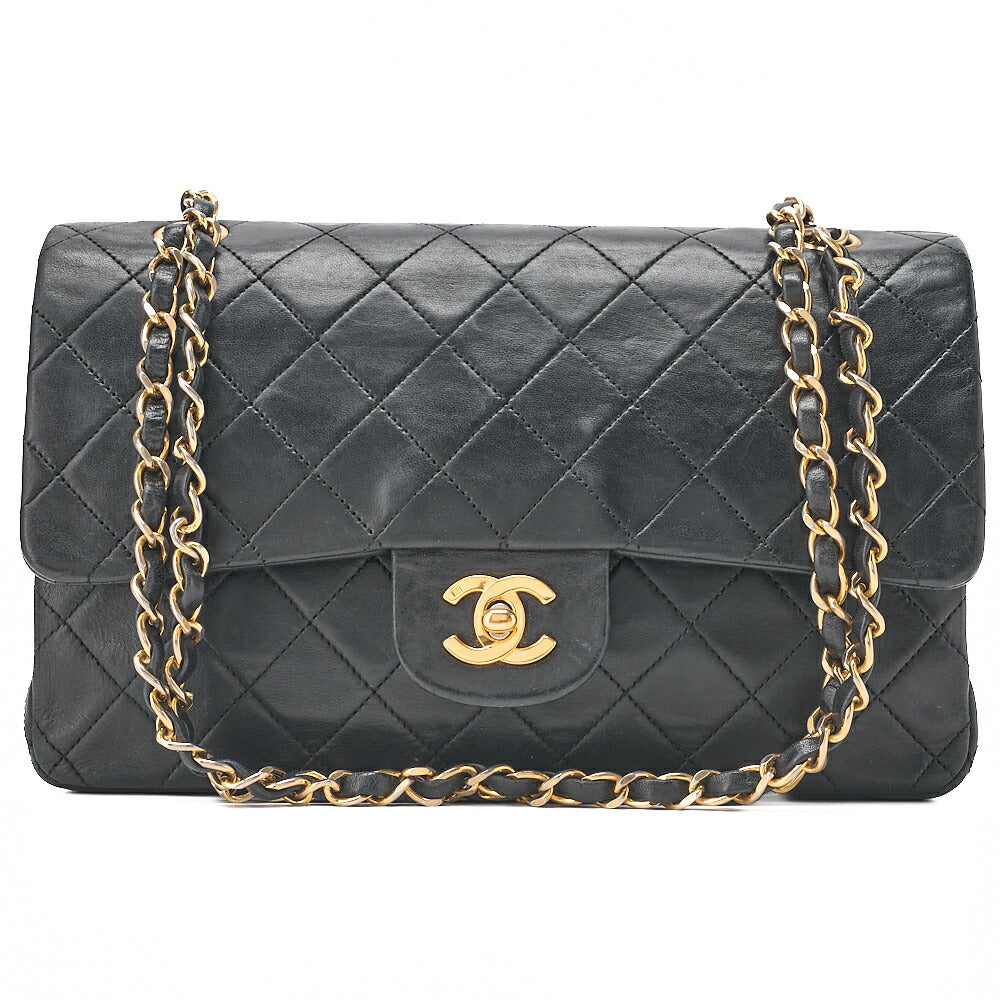 CHANEL Lambskin Matelasse Double Flap 25cm Chain Shoulder Black Gold-Tone Hardware, Pre-Owned