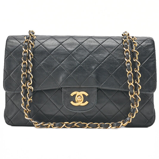 CHANEL Lambskin Matelasse Double Flap 25cm Chain Shoulder Black Gold-Tone Hardware, Pre-Owned