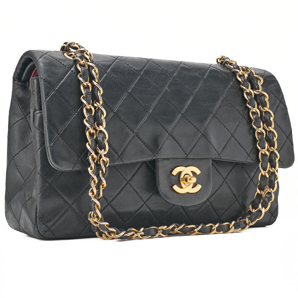 CHANEL Lambskin Matelasse Double Flap 25cm Chain Shoulder Black Gold-Tone Hardware, Pre-Owned