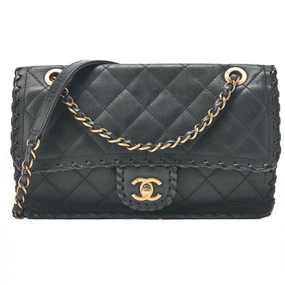 CHANEL Sparkle Leather Matelasse Braided Chain Shoulder Black Gold-Tone Hardware, Pre-Owned