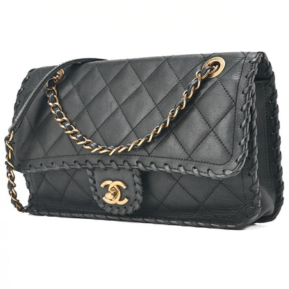 CHANEL Sparkle Leather Matelasse Braided Chain Shoulder Black Gold-Tone Hardware, Pre-Owned
