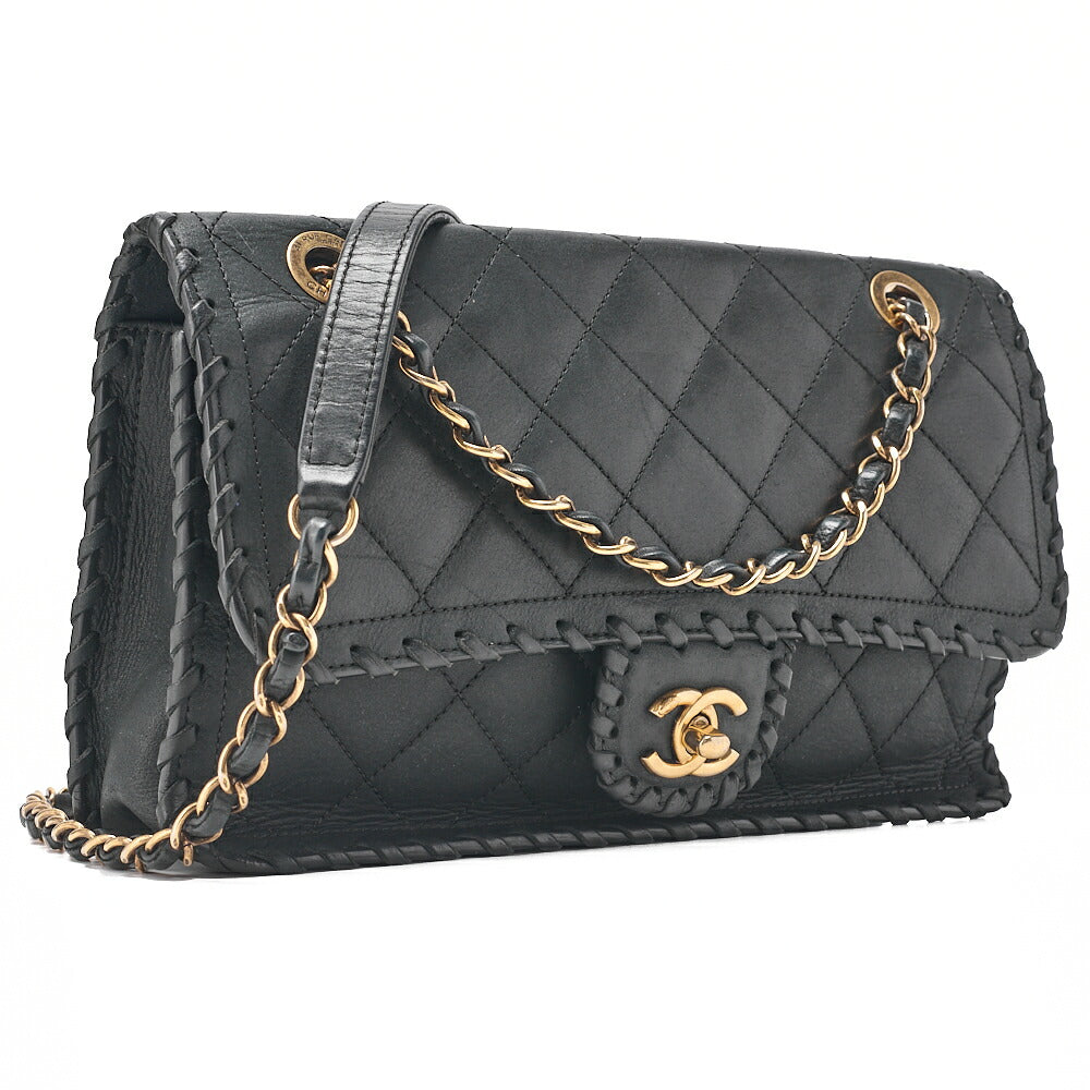 CHANEL Sparkle Leather Matelasse Braided Chain Shoulder Black Gold-Tone Hardware, Pre-Owned