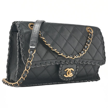 CHANEL Sparkle Leather Matelasse Braided Chain Shoulder Black Gold-Tone Hardware, Pre-Owned