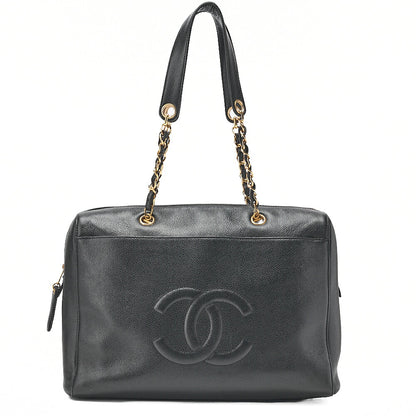 CHANEL Caviar Skin Coco Mark Chain Tote Bag Black Gold-Tone Hardware, Pre-Owned