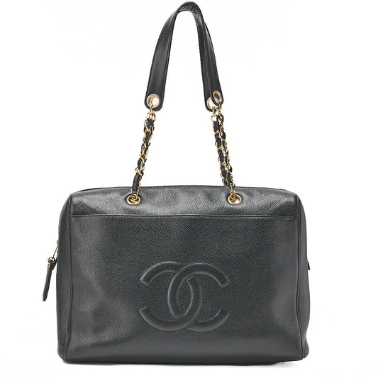 CHANEL Caviar Skin Coco Mark Chain Tote Bag Black Gold-Tone Hardware, Pre-Owned