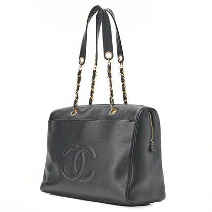 CHANEL Caviar Skin Coco Mark Chain Tote Bag Black Gold-Tone Hardware, Pre-Owned